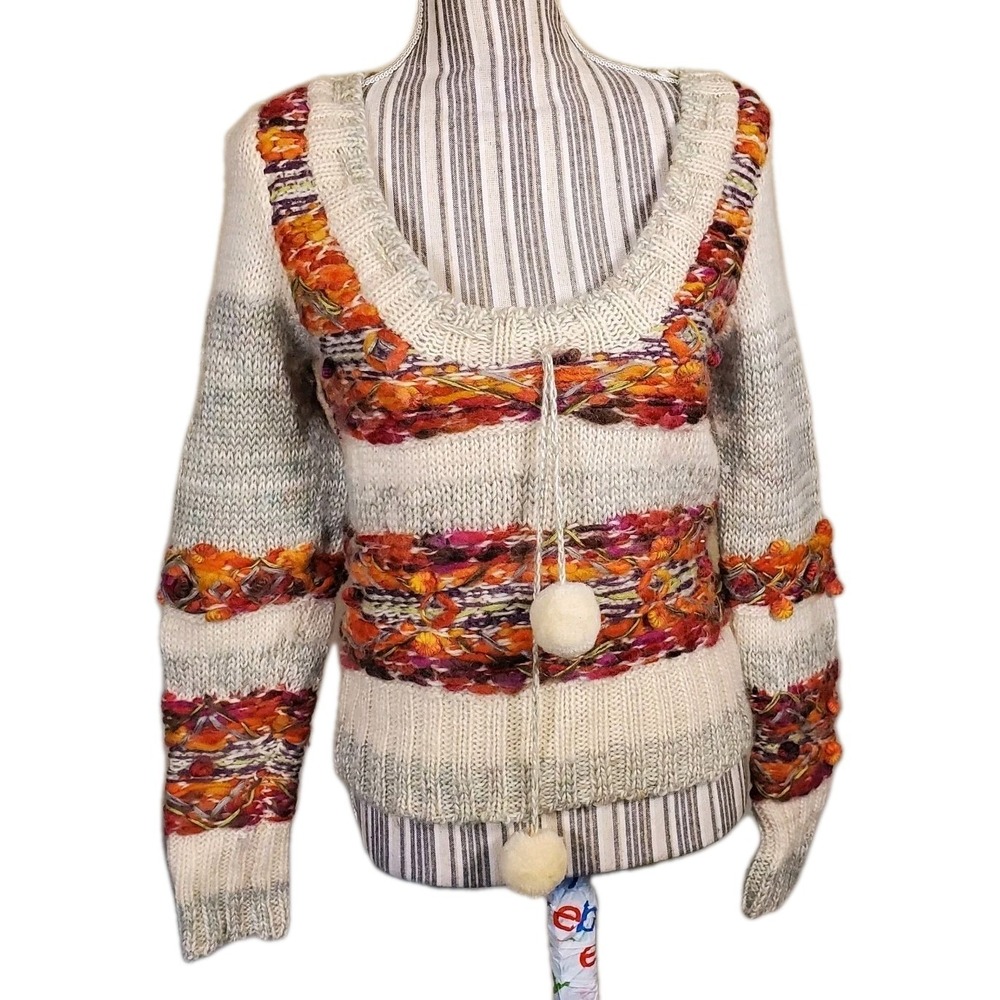 Chunky Wool Mohair Blend Cropped Pom-pom Sweater By Divided Sz S Funky Whimsical